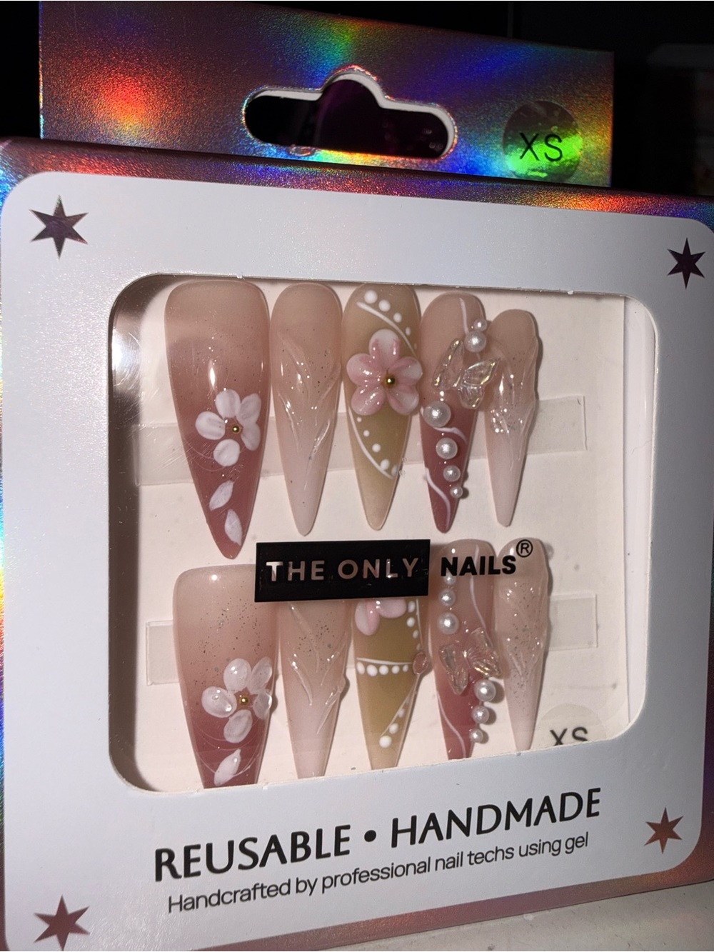 The Only Nails Reusable Handmade Stiletto Press-On Set -Nude Pink & Cream Floral